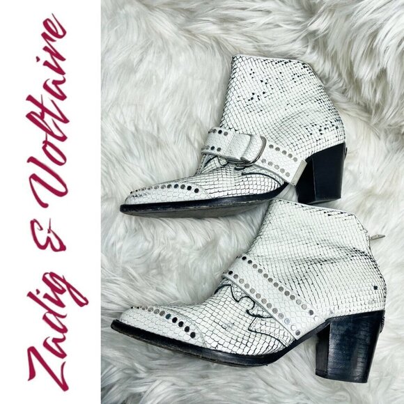 ZADIG & VOLTAIRE White Leather Snakeskin Urban Cowboy Studded Ankle Bootie, 37 - Picture 3 of 12